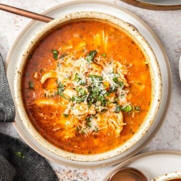 Bowl of Mediterranean Chicken Noodle Soup, topped with some grated Parmesan cheese and chopped fresh basil.