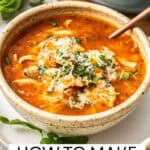 Pinterest image with photo of Mediterranean Chicken Noodle Soup.