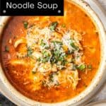 Pinterest image with photo of Mediterranean Chicken Noodle Soup.