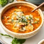 Pinterest image with photo of Mediterranean Chicken Noodle Soup.