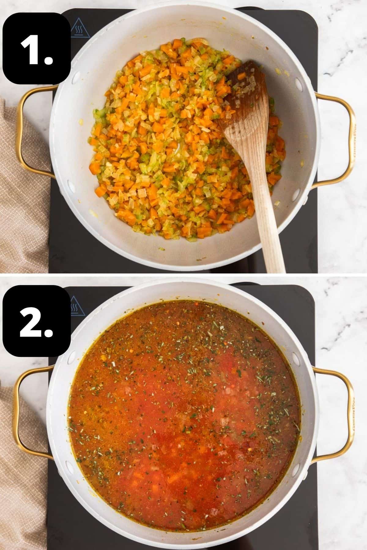 Steps 1-2 of preparing this recipe: sautéing the vegetables in a saucepan and the liquids added to the pan.
