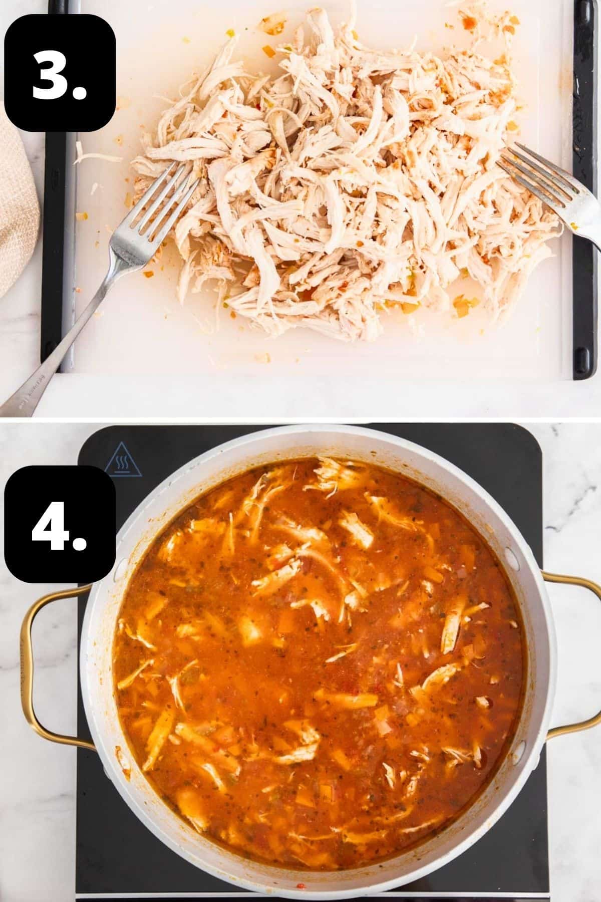 Steps 3-4 of preparing this recipe: shredding the chicken breasts with two forks and the chicken in the soup in the saucepan.