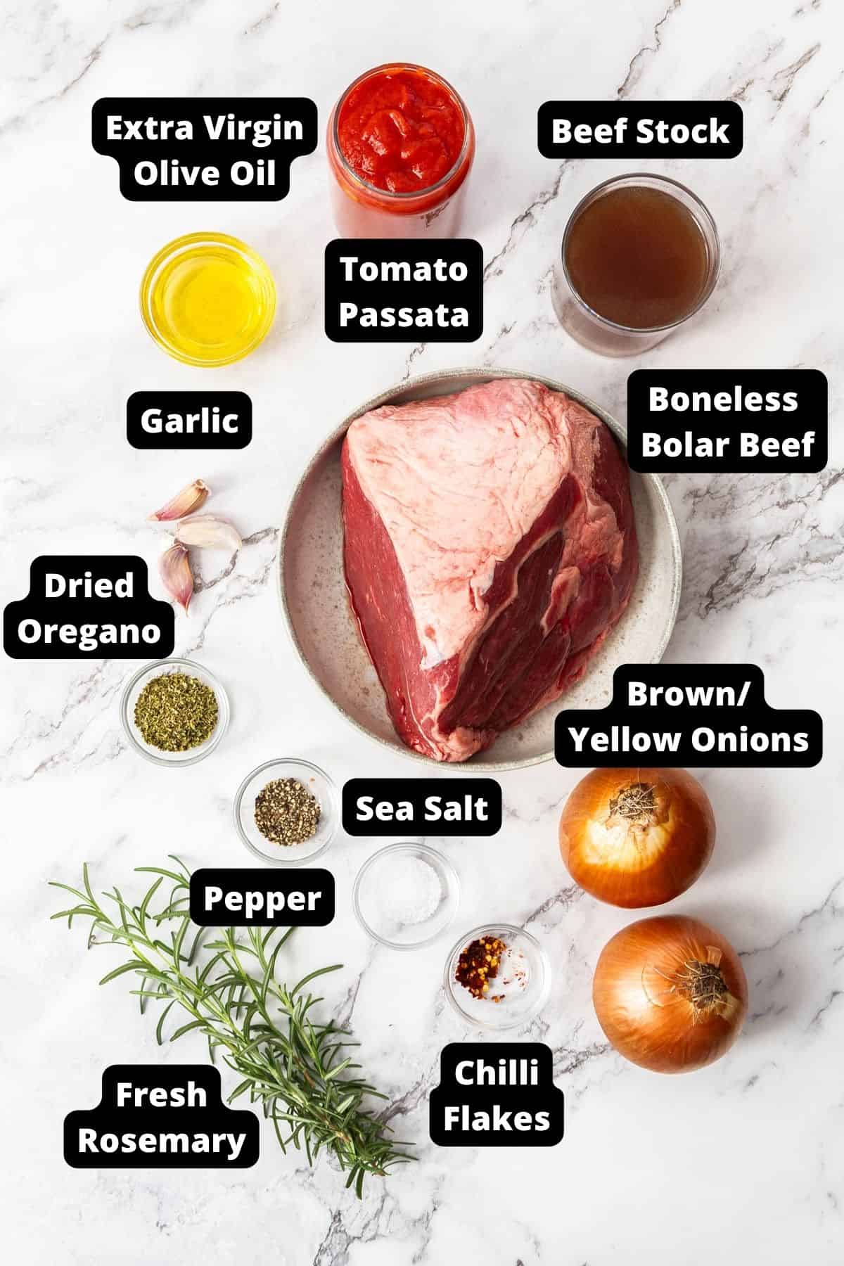 Ingredients in this recipe on a white marble background.