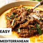 Pinterest image with photo of Mediterranean Pulled Beef.