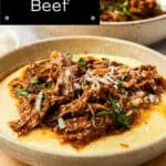 Pinterest image with photo of Mediterranean Pulled Beef.