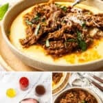 Pinterest image with photos of Mediterranean Pulled Beef.