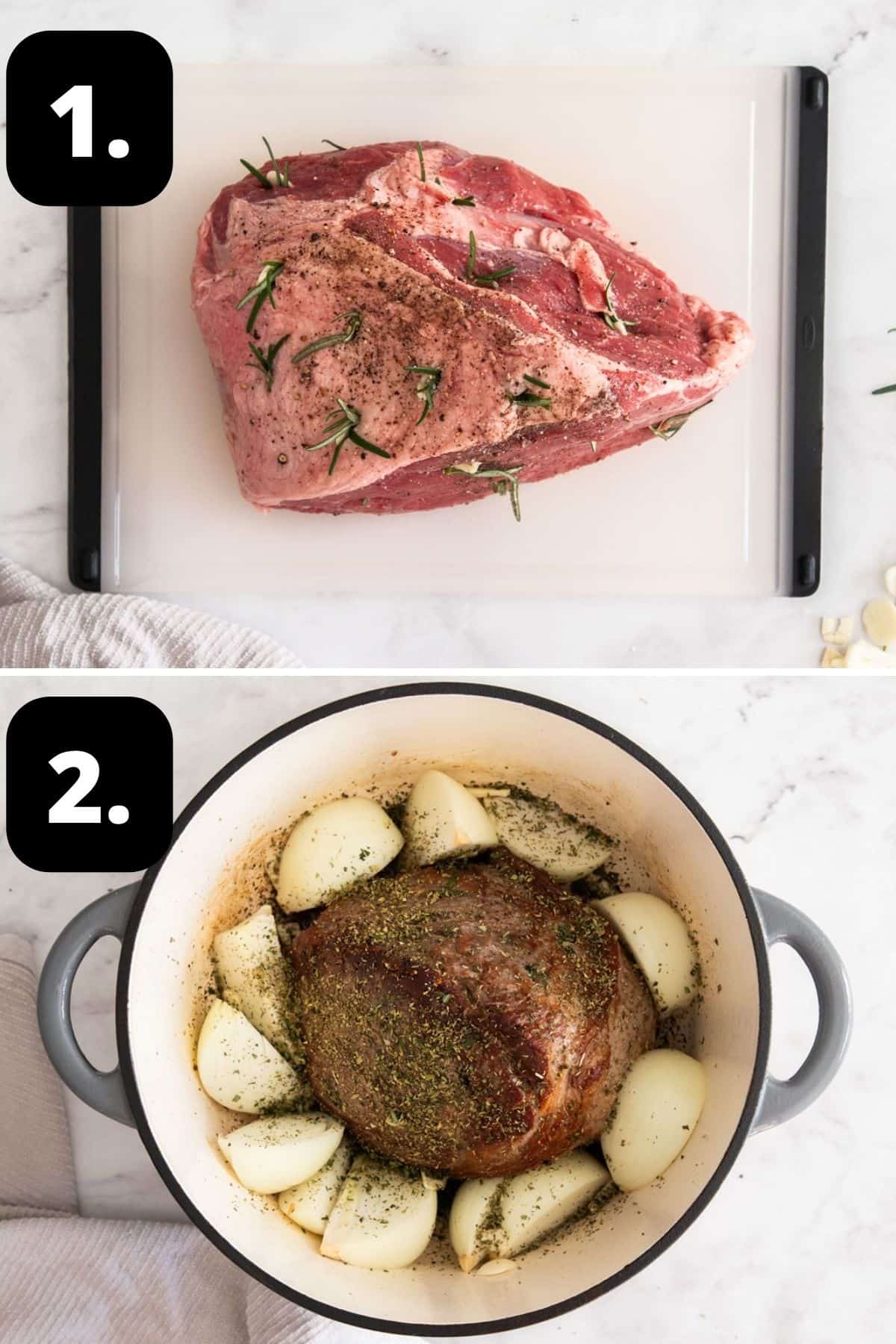 Steps 1-2 of preparing this recipe: seasoned raw beef on a board, and the seared beef in a large pan with the onions.