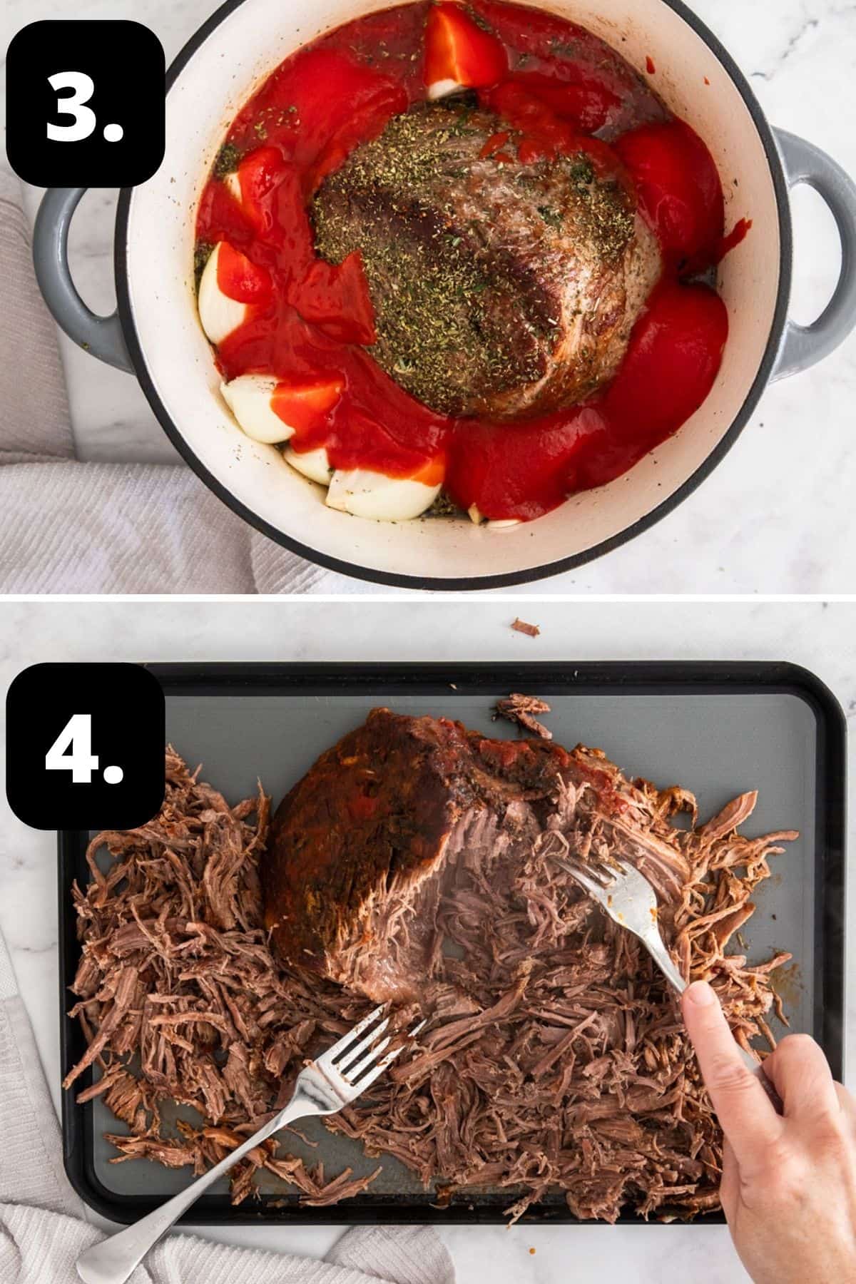 Steps 3-4 of preparing this recipe: tomato passata around the beef/onions and the cooked beef being shredded with two forks.