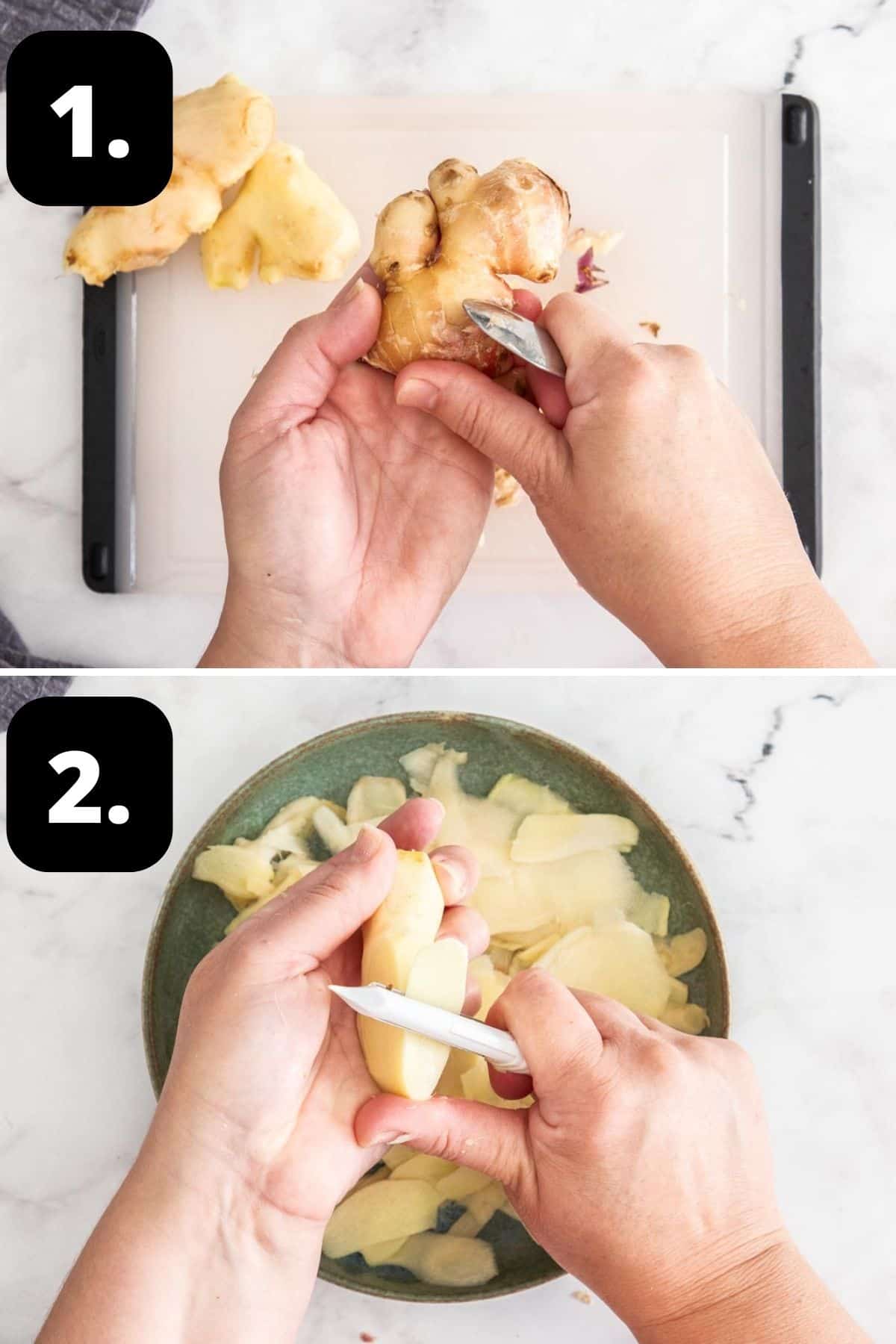 Steps 1-2 of preparing this recipe: peeling the ginger with a spoon and then using a vegetable peeler to make thin strips.