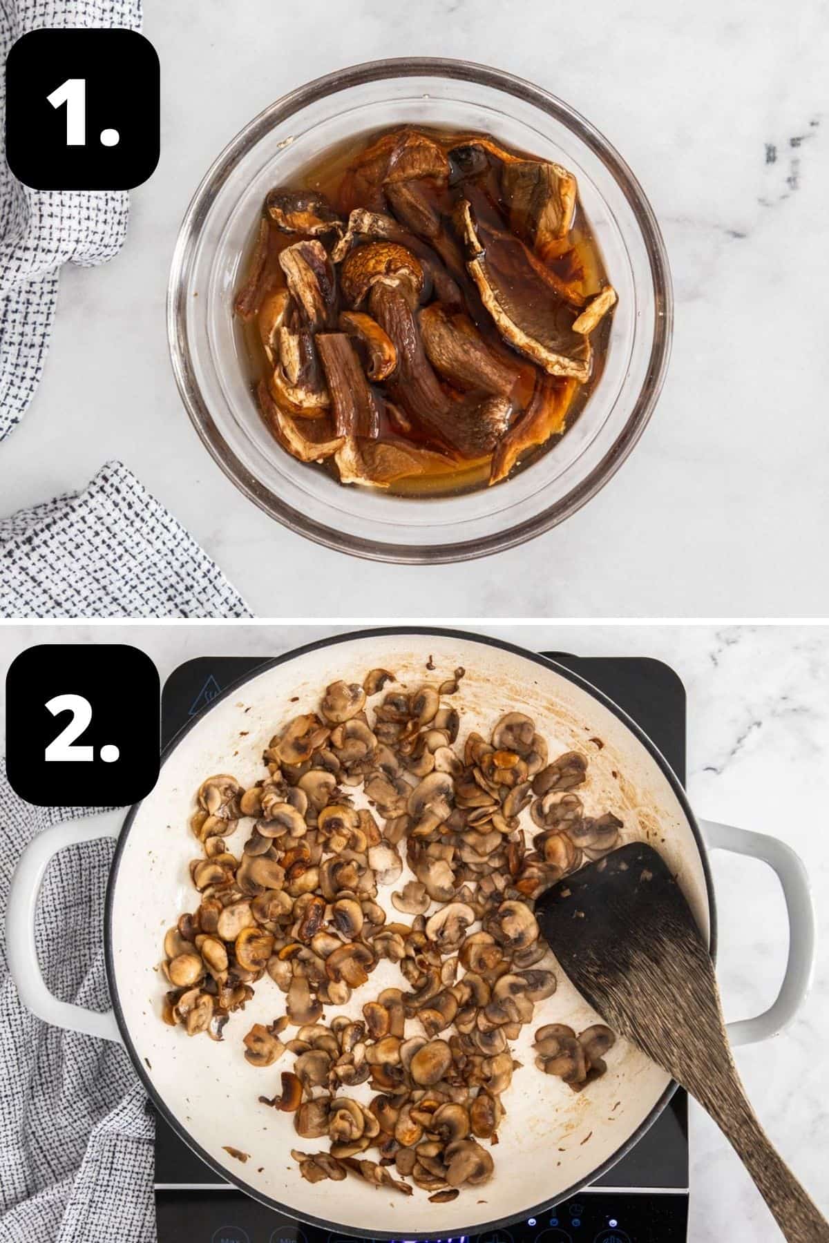 Steps 1-2 of preparing this recipe: soaking the porcini mushrooms in a bowl and cooking the button mushrooms in a skillet.