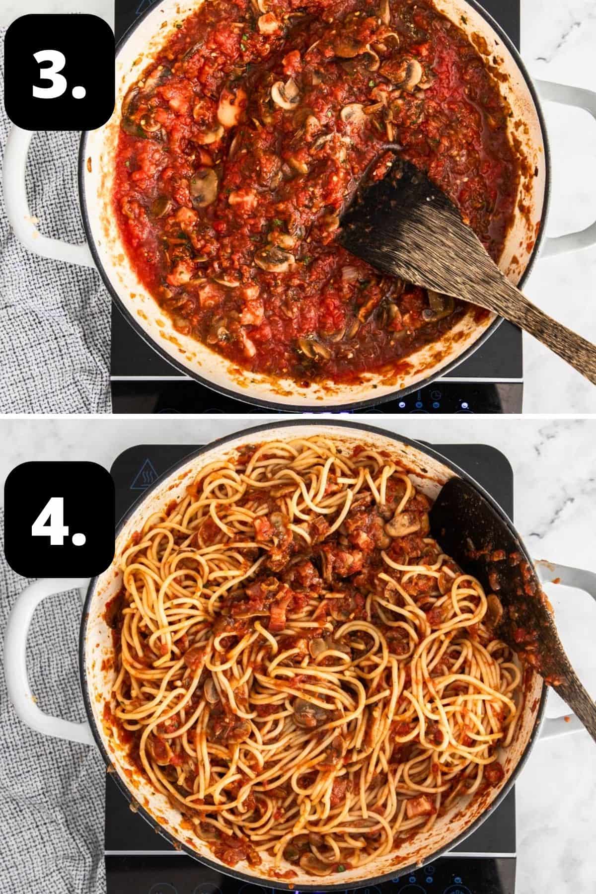 Steps 3-4 of preparing this recipe: the finished sauce in the skillet and the spaghetti in the sauce, ready for serving.