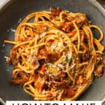 Pinterest image with photo of Mushroom and Tomato Pasta.