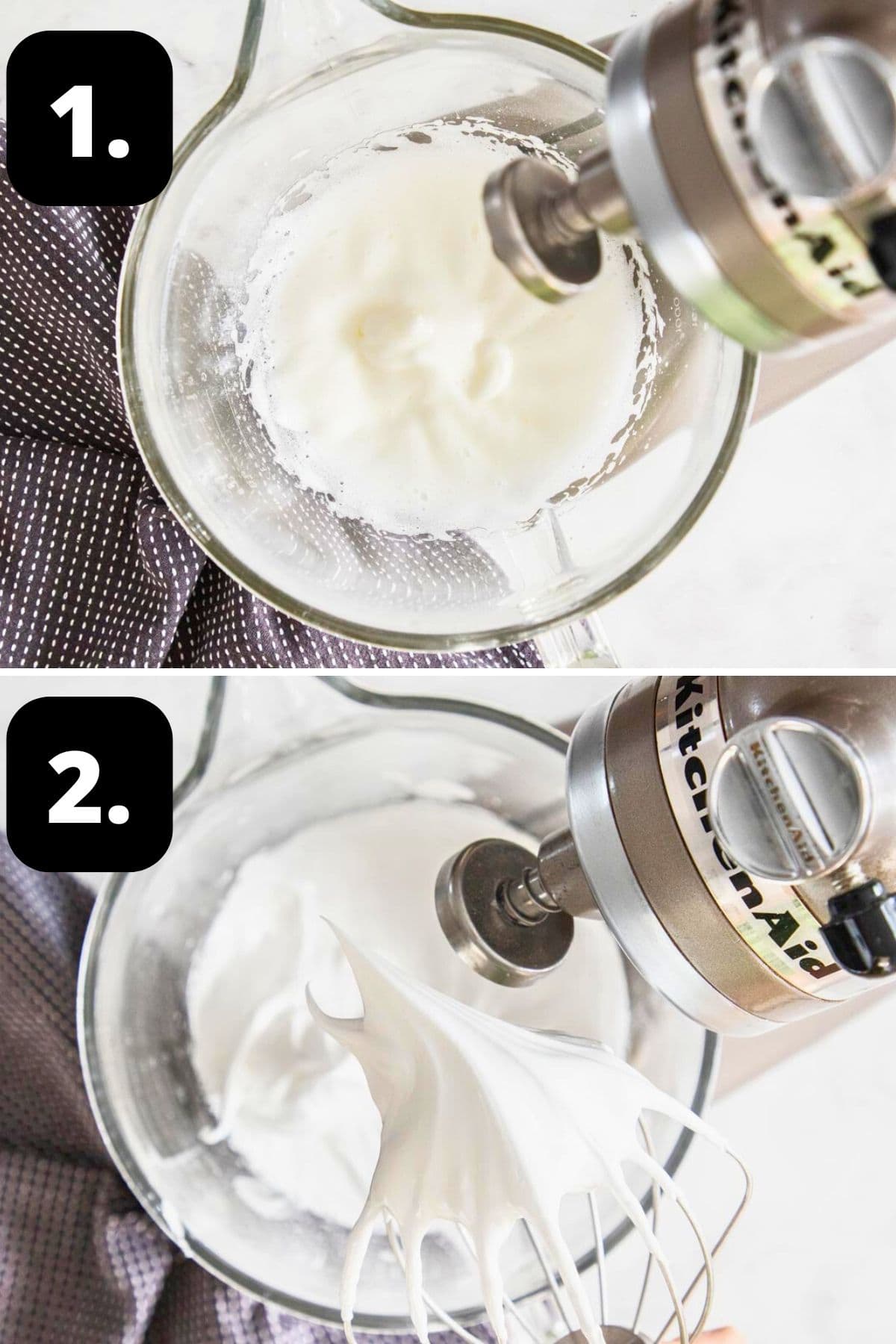 Steps 1-2 of preparing this recipe: whipping the egg whites in a stand mixture and showing the stiff peaks of the mixture.