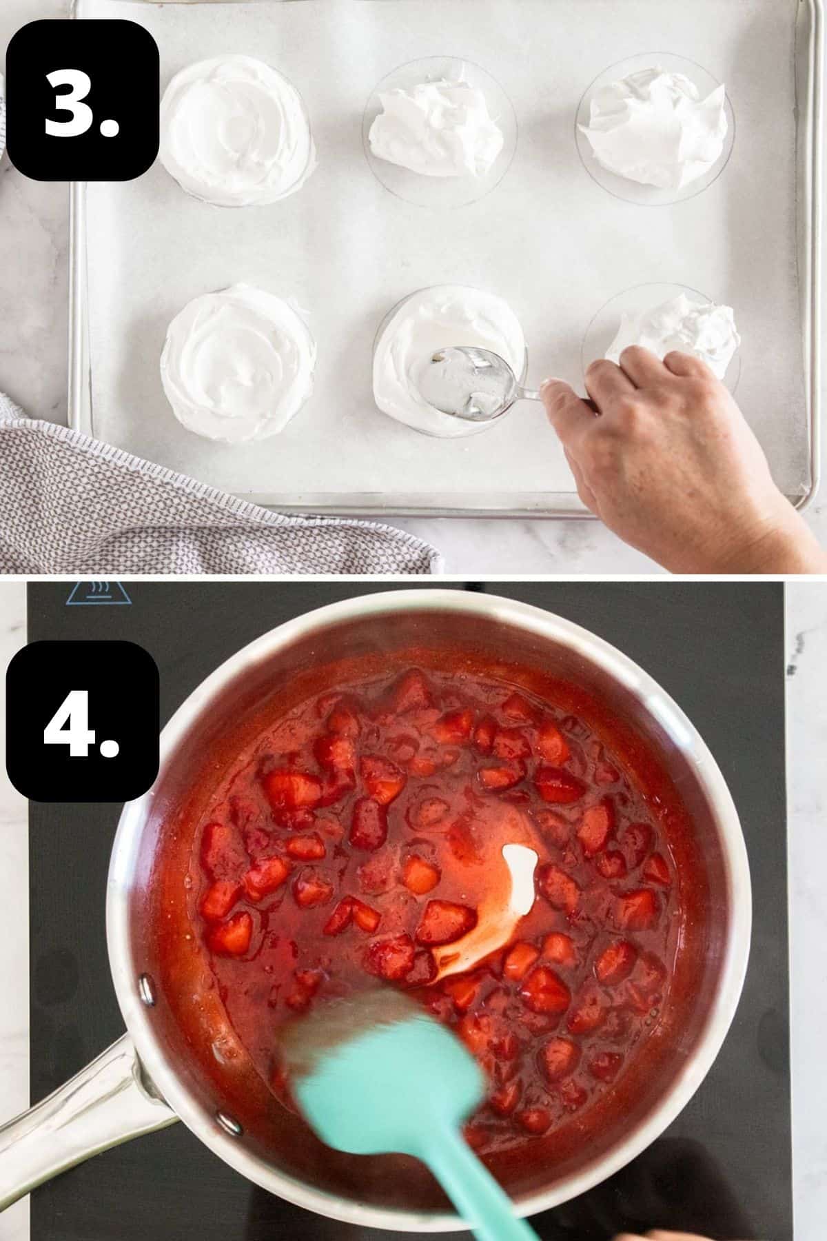 Steps 3-4 of preparing this recipe: shaping the meringue nests on a baking tray and preparing the strawberry sauce in a pot.