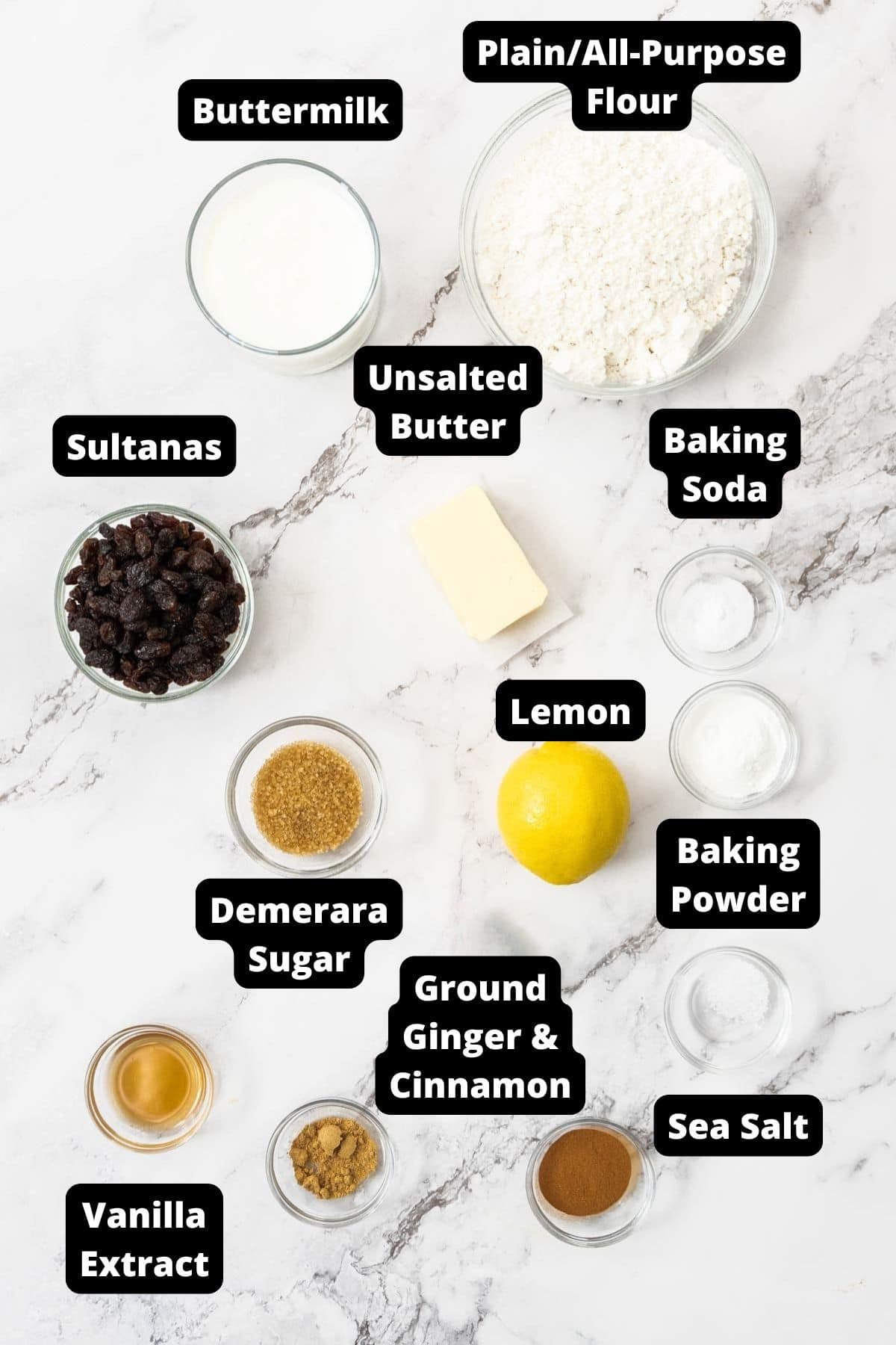 Ingredients in this recipe on a white marble background.