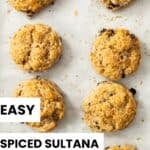 Pinterest image with photo of Sultana Scones.