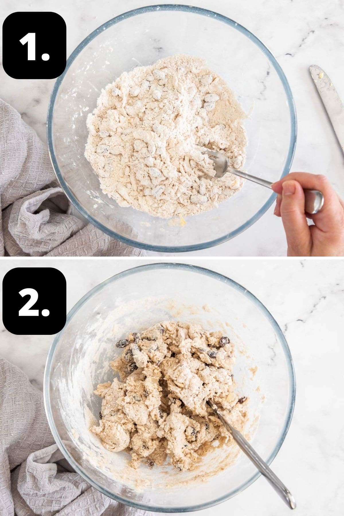 Steps 1-2 of preparing this recipe: the dry ingredients in a bowl and the mixture combined with the wet ingredients.
