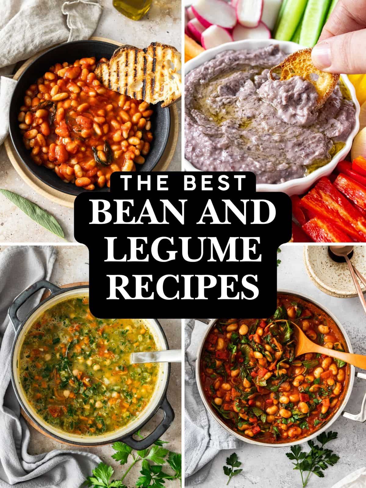 Photo collage of four bean recipes - stewed beans, black bean dip, chickpea soup and butter bean stew.
