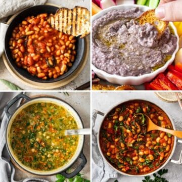 Photo collage of four bean recipes - stewed beans, black bean dip, chickpea soup and butter bean stew.
