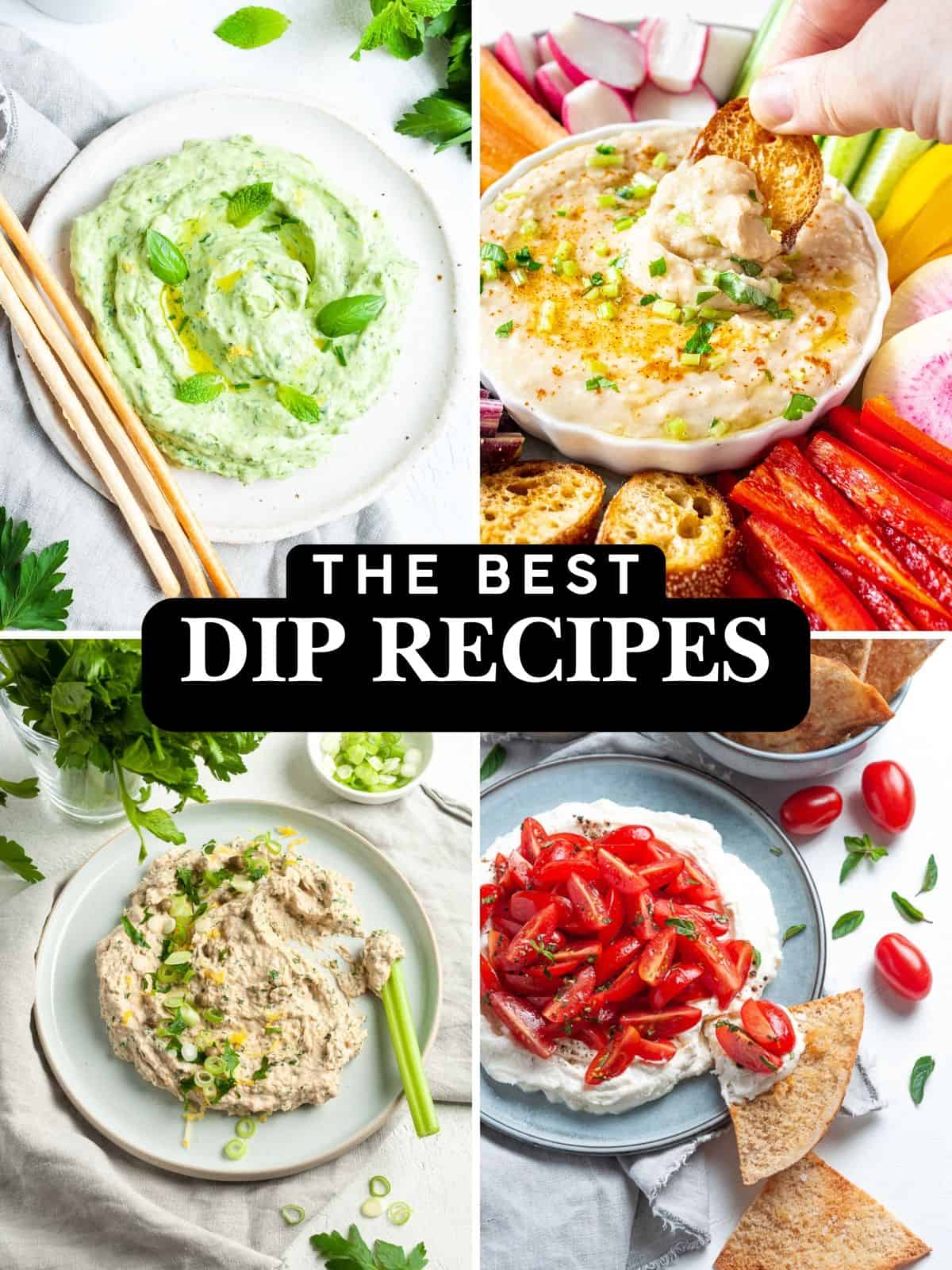 Photo collage of four dip recipes - green goddess, cannellini bean, tuna and whipped ricotta.