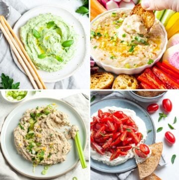 Photo collage of four dip recipes - green goddess, cannellini bean, tuna and whipped ricotta.