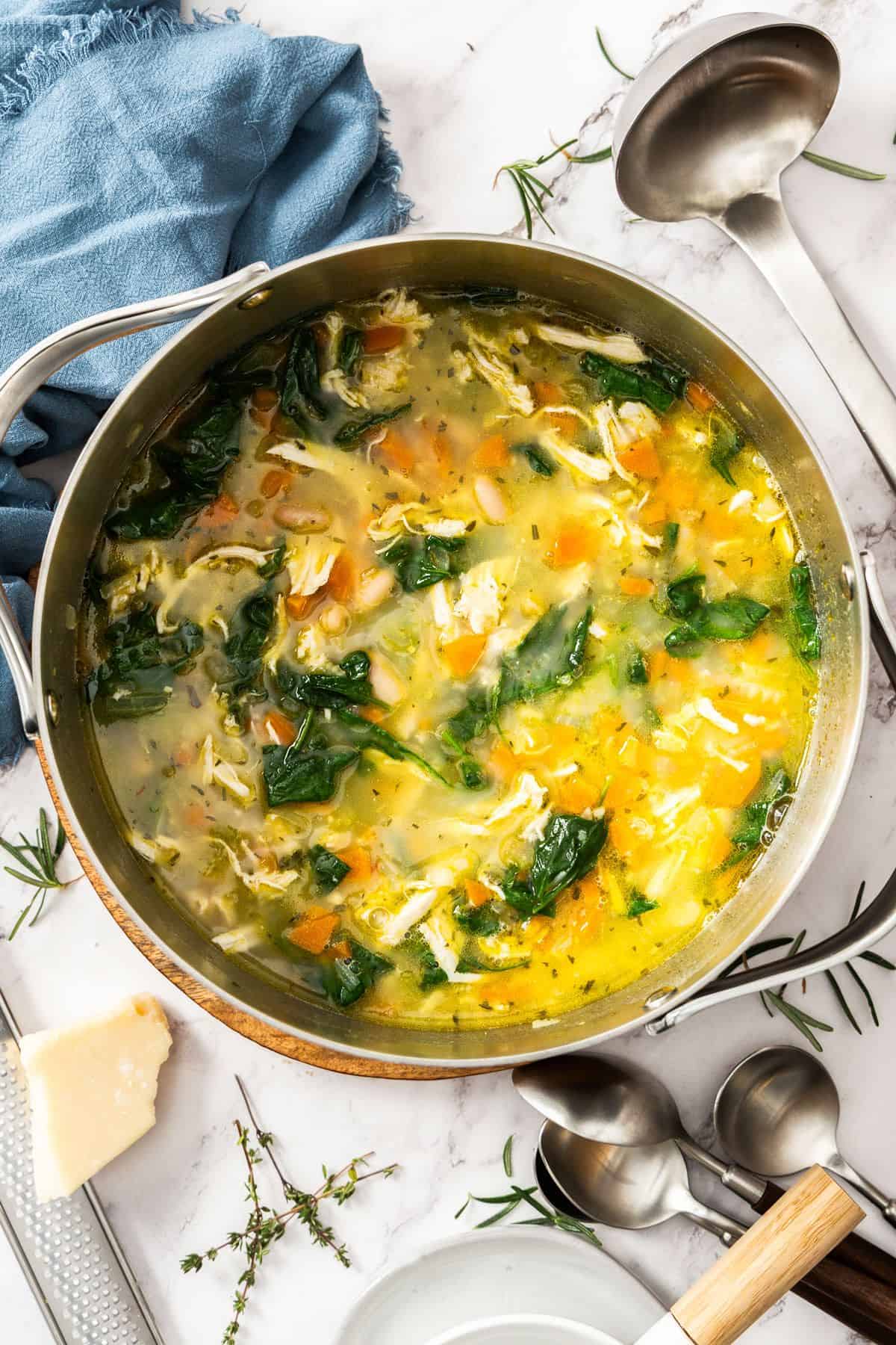 Large saucepan of Chicken and White Bean Soup.