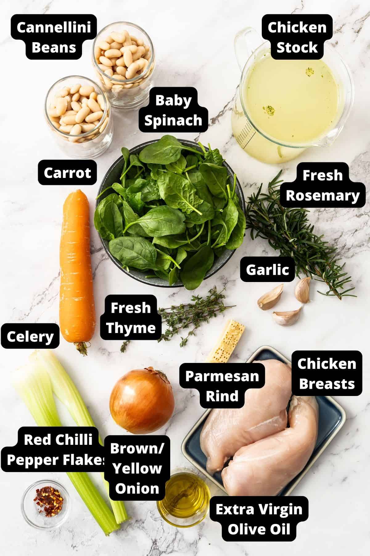 Ingredients in this recipe on a white marble background.
