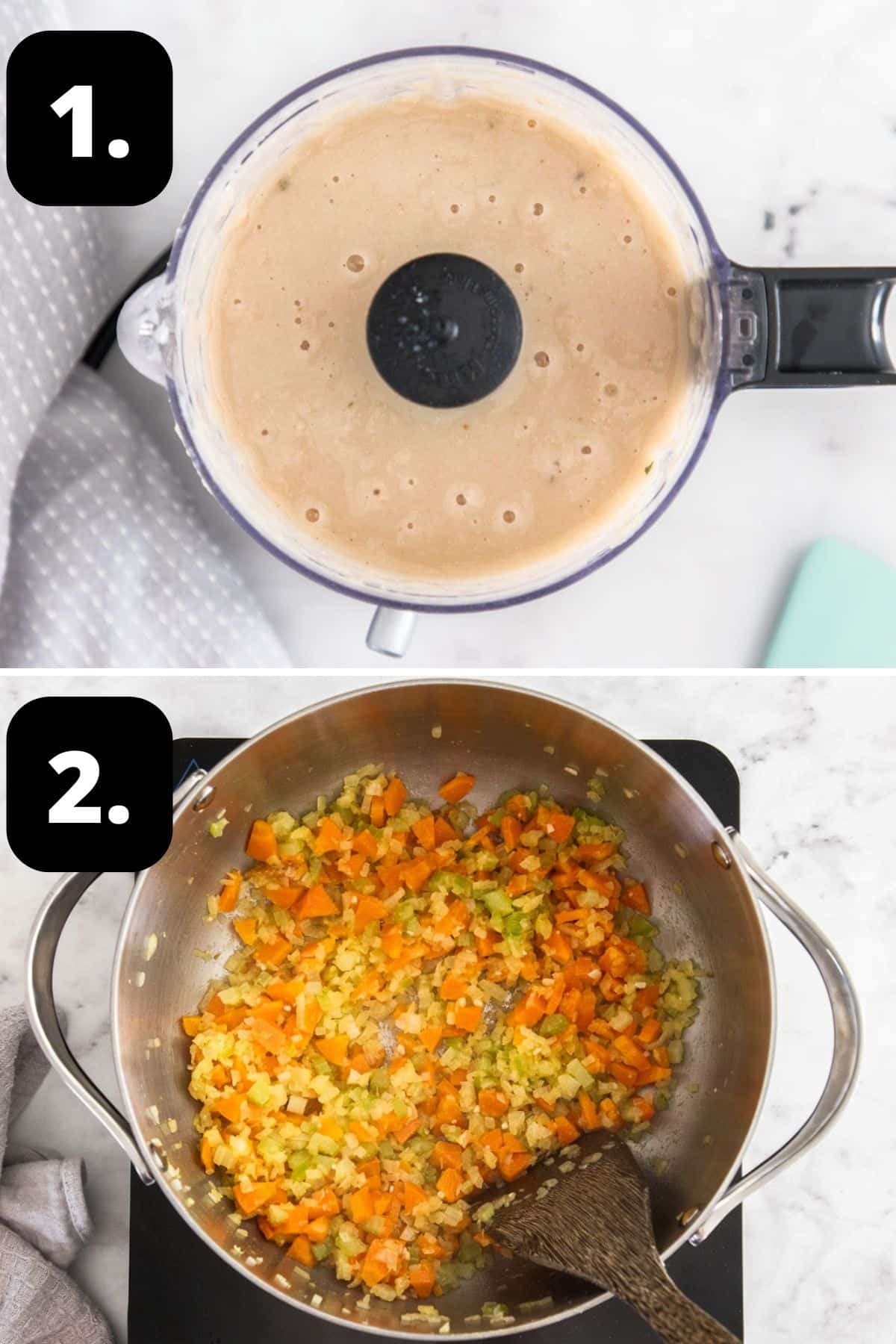 Steps 1-2 of preparing this recipe: blended beans in a small food processor and sautéing the vegetables in a large saucepan.