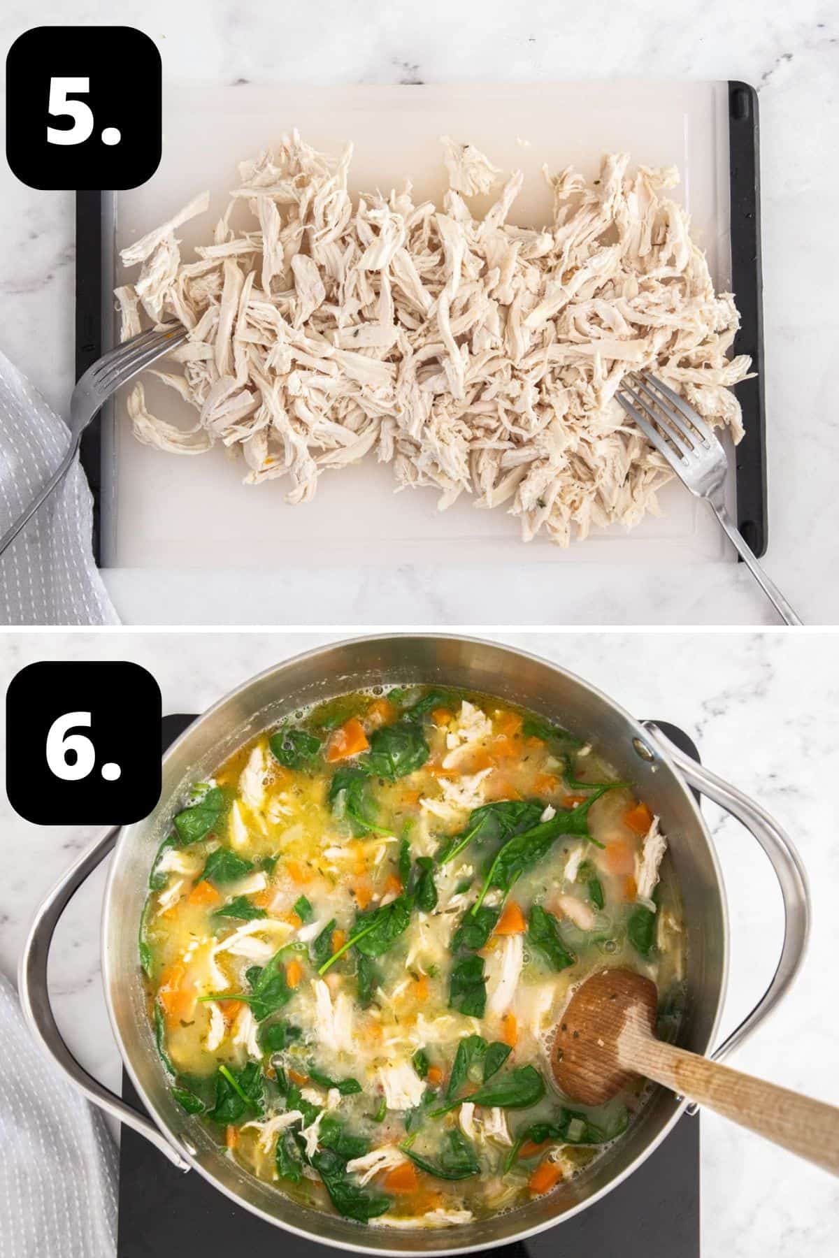 Steps 5-6 of preparing this recipe: shredding the chicken with two forks and finishing the soup, with the chicken and spinach.