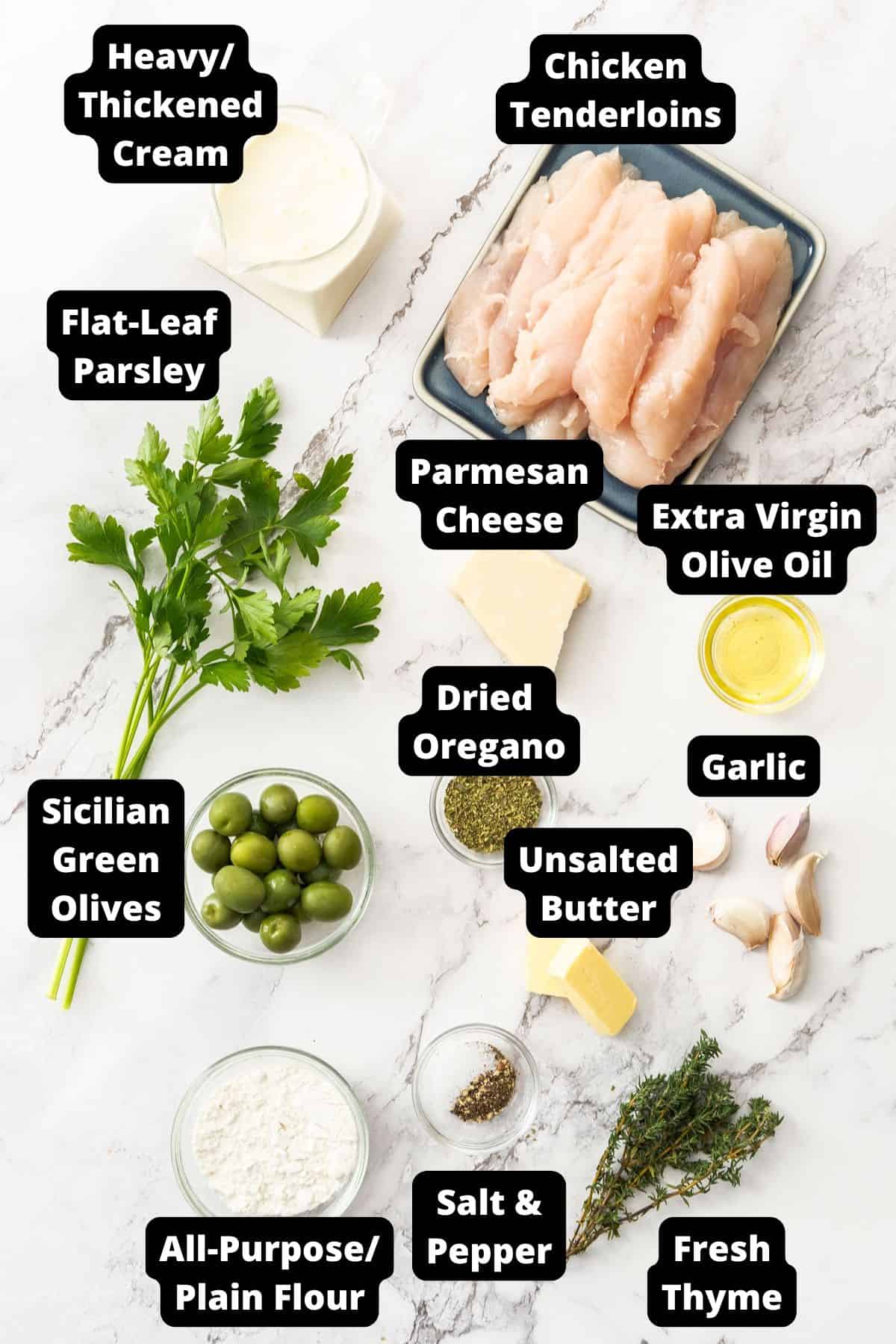 Ingredients in this recipe on a white marble background.