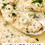 Pinterest image with photo of Creamy Garlic Chicken.