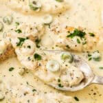 Pinterest image with photo of Creamy Garlic Chicken.