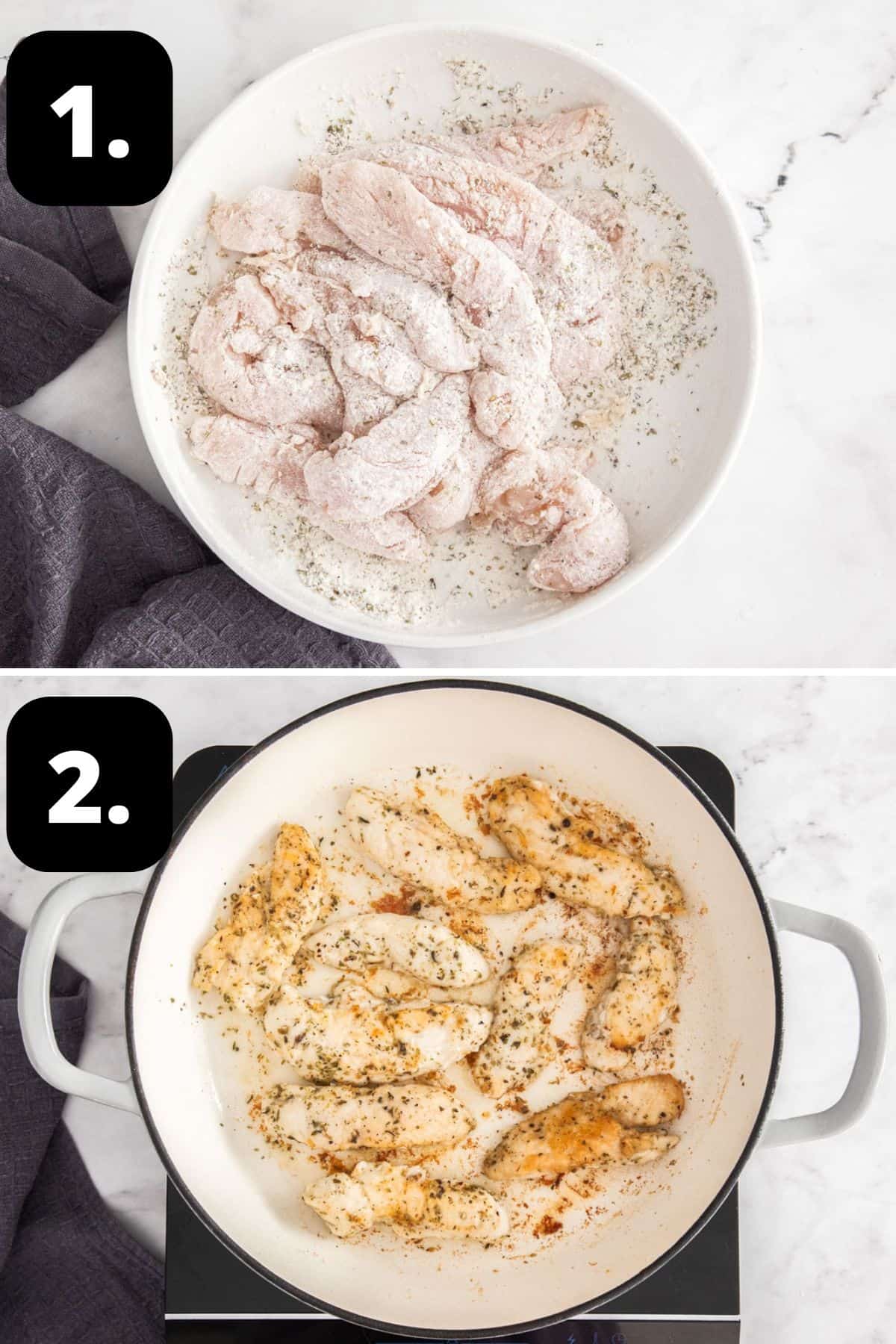 Steps 1-2 of preparing this recipe: coating the chicken in seasoned flour and pan frying the chicken.