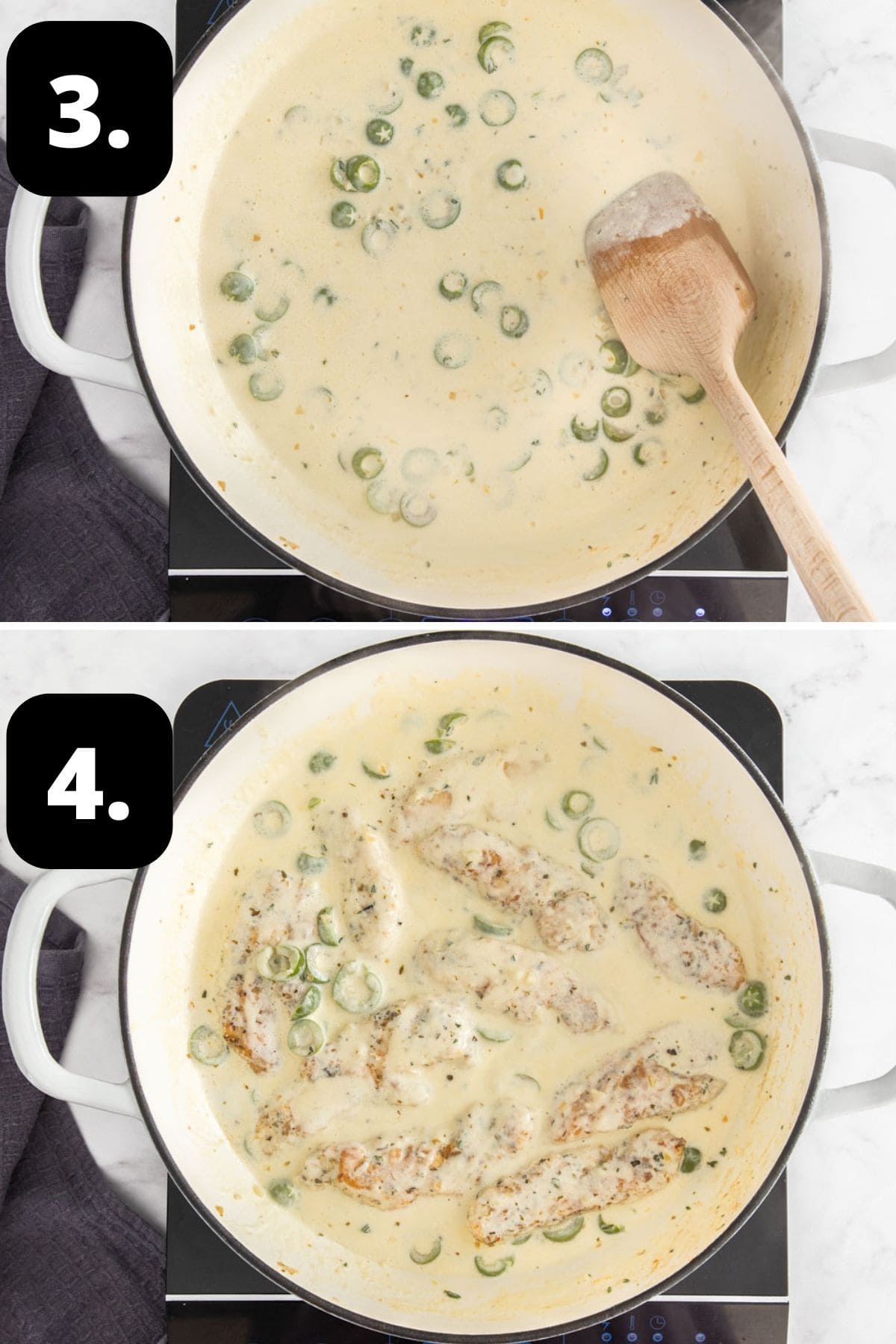 Steps 3-4 of preparing this recipe: preparing the creamy sauce and the chicken in the sauce.