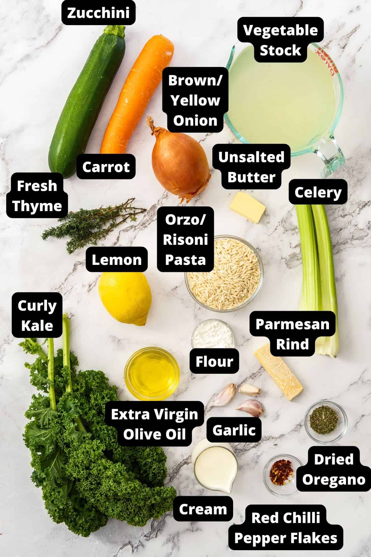 Ingredients in this recipe on a white marble background.