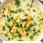 Pinterest image with photo of Creamy Orzo Vegetable Soup.