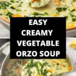 Pinterest image with photos of Creamy Orzo Vegetable Soup.