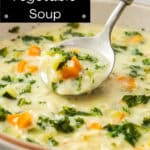 Pinterest image with photo of Creamy Orzo Vegetable Soup.