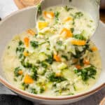Pinterest image with photo of Creamy Orzo Vegetable Soup.