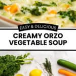 Pinterest image with photos of Creamy Orzo Vegetable Soup.