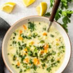 Pinterest image with photo of Creamy Orzo Vegetable Soup.