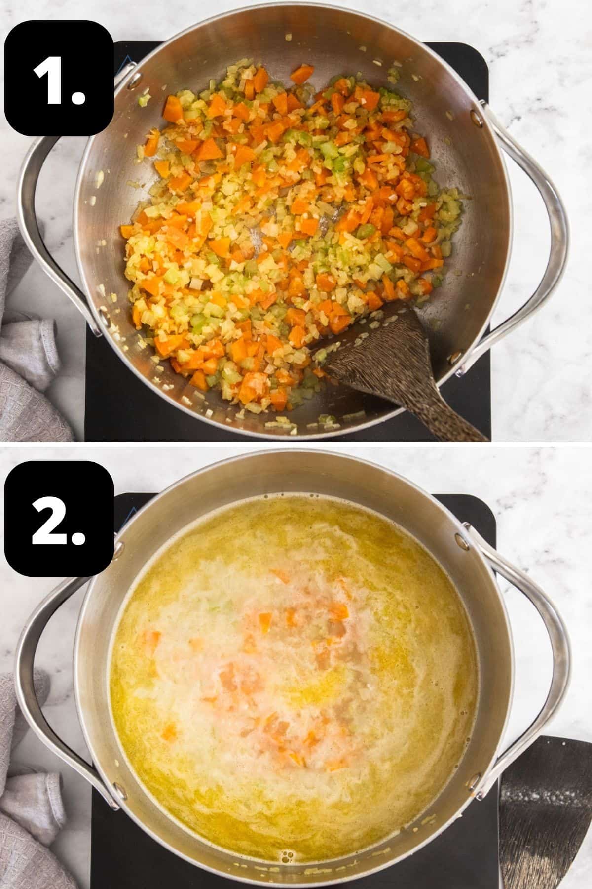 Steps 1-2 of preparing this recipe: sautéing the vegetables in a saucepan and the stock added to the pan.