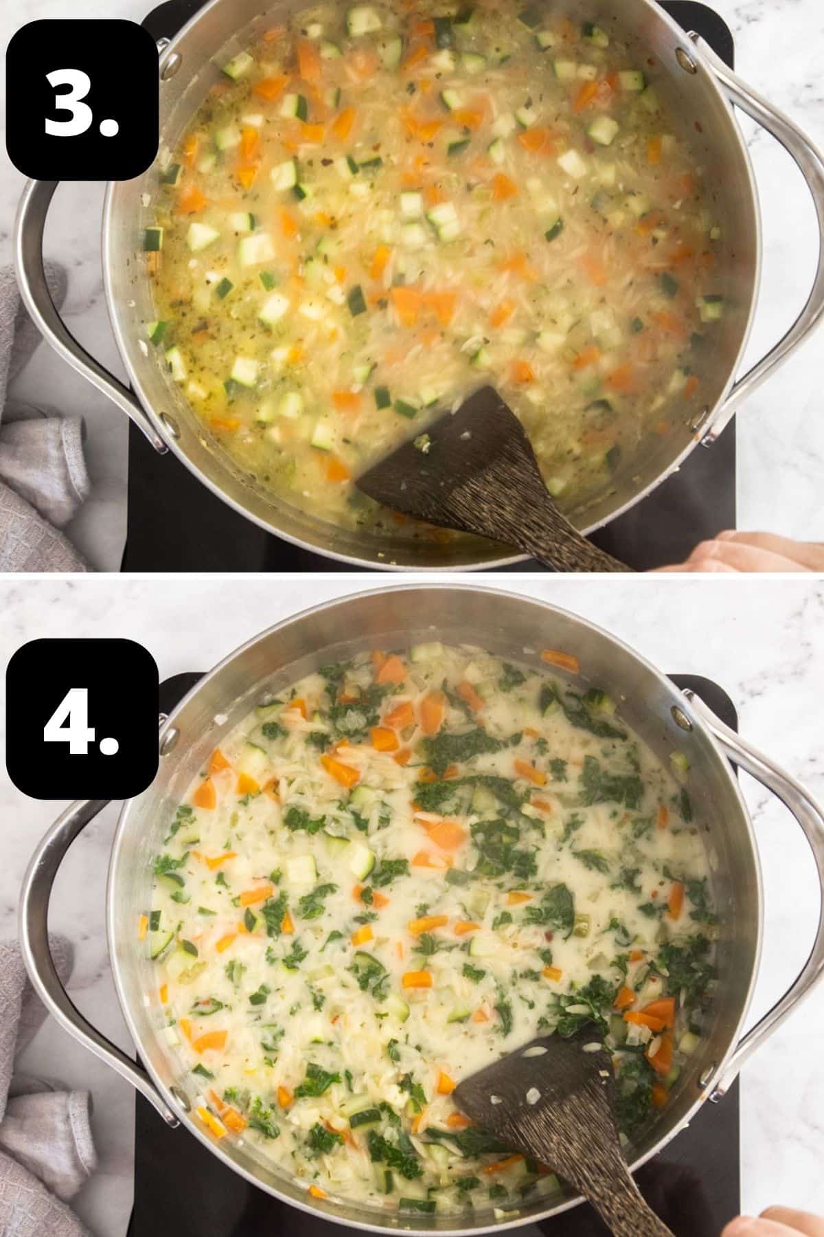 Steps 3-4 of preparing this recipe: stirring through the orzo and the cream and kale added to the soup.