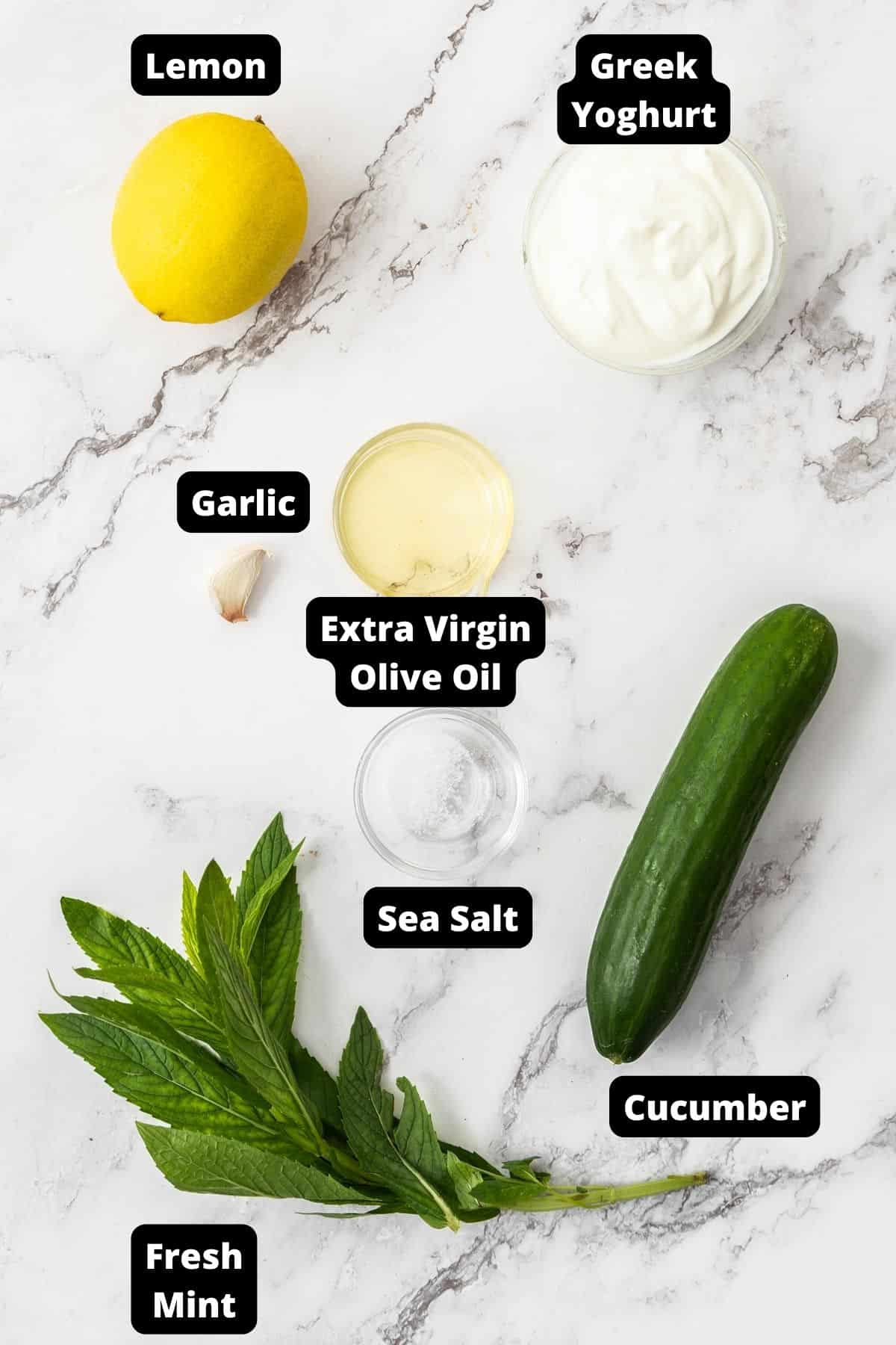 Ingredients in this recipe on a white marble background.