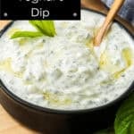 Pinterest image with photo of Cucumber and Yoghurt Dip.