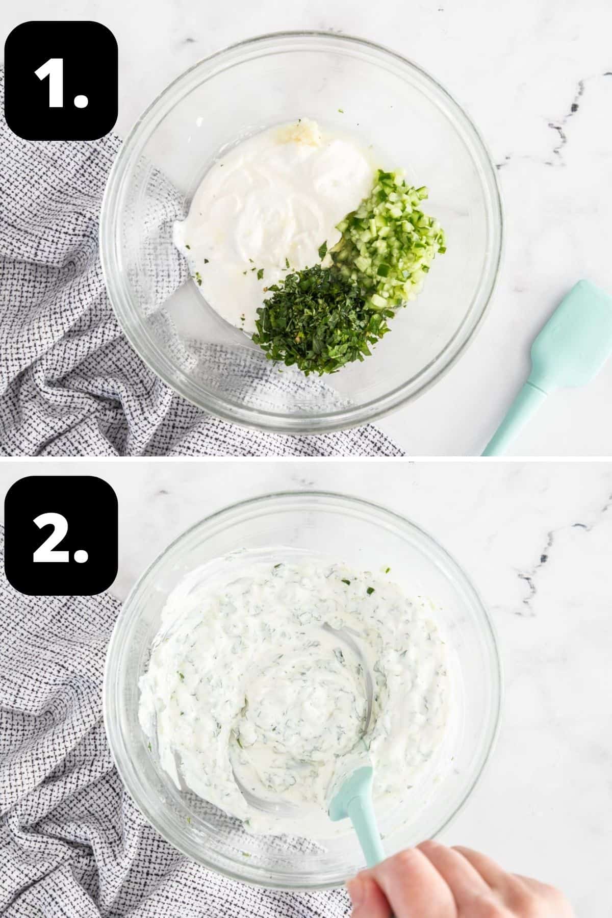 Steps 1-2 of preparing this recipe: the ingredients in a glass bowl and the mixture combined.