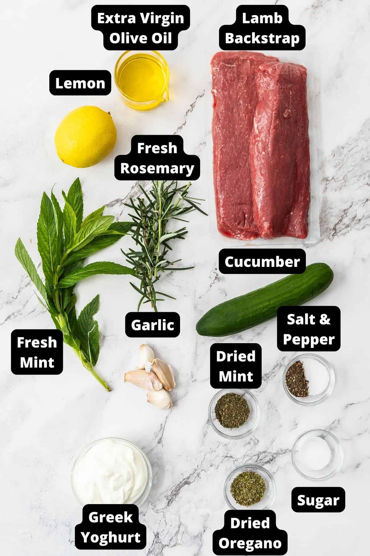 Ingredients in this recipe on a white marble background.