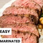 Pinterest image with photo of Marinated Lamb Backstrap.