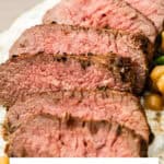 Pinterest image with photo of Marinated Lamb Backstrap.
