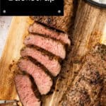Pinterest image with photo of Marinated Lamb Backstrap.